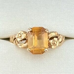 Vintage 14k Yellow Gold Emerald-Cut Citrine Ring - Size 5 - Floral Accents
